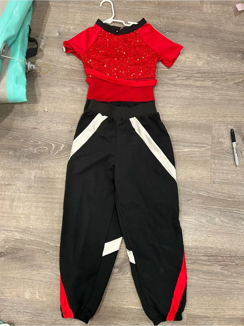 Weissman Girls Black Track Joggers with Red Sequin Leotard